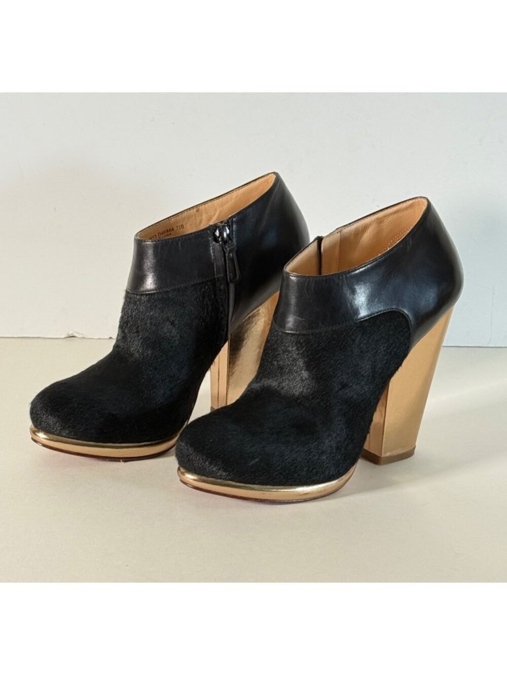 COLE HAAN Sophie Calf Hair Black Leather Ankle Booties Gold Heel